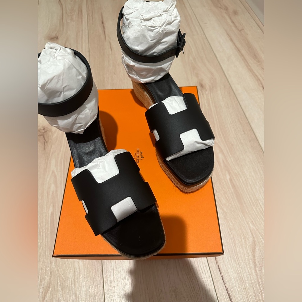 HERMES Elda Espadrilles Black Wedge Sandal, size 42, BRAND NEW